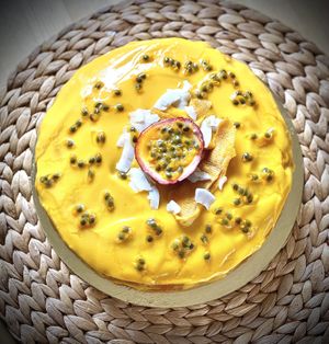 Vegan Gluten-free Mango Passion Fruit Cake   at Health Coaching - Vegan Cakes in Luxembourg City