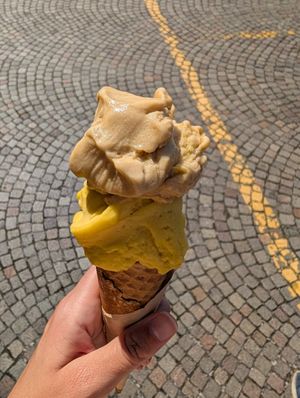 Passionfruit (very good!) and grape-strawberry at Gelateria Oltrè in Portogruaro