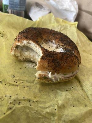 Poppy Bagel with scallion schmear  at Ben & Esther's Vegan Jewish Deli in Oceanside