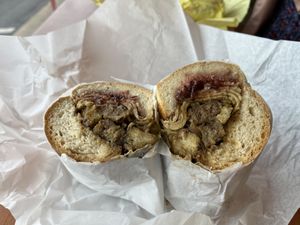 Thanksgiving leftovers sandwich, Nov special.  at Ben & Esther's Vegan Jewish Deli in Oceanside