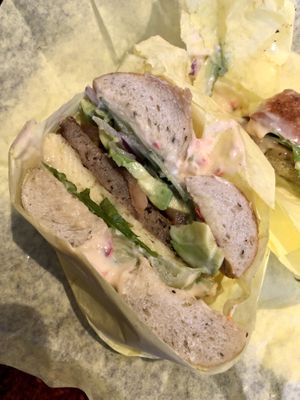 Veggie bagel added sausage   at Ben & Esther's Vegan Jewish Deli in Oceanside