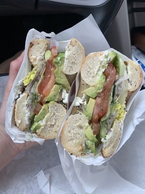 Veggie sandwich on everything bagel with jalapeño schmear  at Ben & Esther's Vegan Jewish Deli in Oceanside