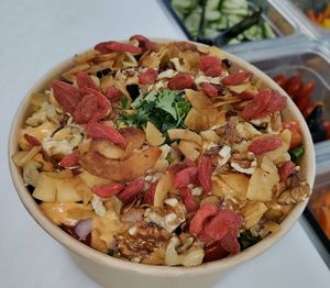 Mexi Quinoa Bowl 

Quinoa, Black Beans, Romaine Lettuce, Cherry Tomatoes, Walnut Crumble, Coconut Bacon, Carrot, Corn, Red Onion,
Cilantro, Goji Berries, Chipotle Mayo Dressing  at Island Sips Juice & Salads in Lauderhill