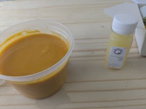 Ginger sweet potato soup + wellness shot at Island Sips Juice & Salads in Lauderhill