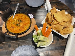 Vegan Buffalo dip with house made chips and veggies   at Blackie's in Smithfield