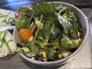 The corn salad from the “clean living” section of the menu is vegan, and includes avocado, tomato, & lime juice! (The esquites corn salad from the “sides” menu is not vegan at Blackie's in Smithfield
