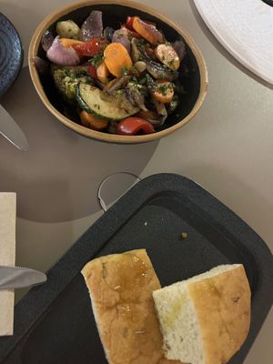 Roasted mixed vegetables & focaccia   at The Green Affair in Cascais