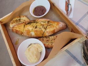 Oregano bread with olive and garlic paste at Mama Sofia in Rhodes