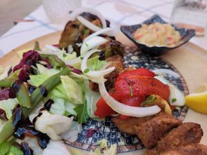 Vegan Souvlaki with Baba Ganoush at Mama Sofia in Rhodes
