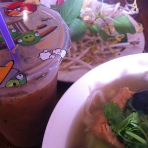 vegan iced coffee and pho chay  at Fina's in Richmond