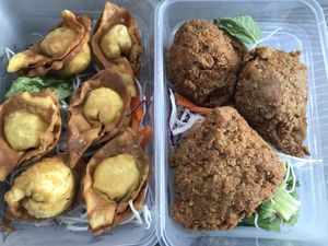 Fried ‘chicken’ and wontons (tofu made not veggie)  at Fina's in Richmond