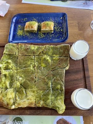 Baklava and katmer, homemade.  at Bahadırlıoğlu Baklava Börek in Mugla