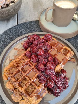 Waffles with hot cherries and Nougat cream at Joujou Bistro in Bad Duerkheim