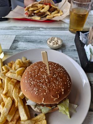 Veggie burger, falafel, low alcohol beer at The Best in Corfu