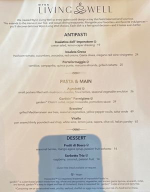 Living Well menu at Wynn Hotel - Sinatra in Las Vegas