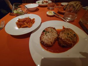 Vegan chicken parm (Gardein chicken) and penne pasta at Wynn Hotel - Sinatra in Las Vegas