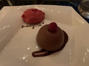 Vegan chocolate mousse cake with raspberry sorbet  at Wynn Hotel - Sinatra in Las Vegas
