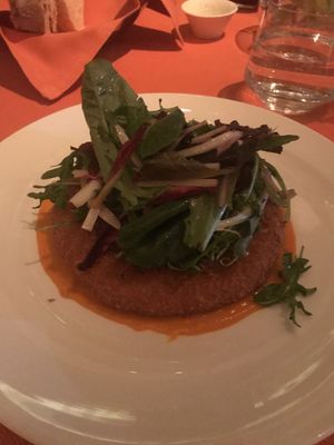 “ Ricotta “ cake (almond based) with greens  at Wynn Hotel - Sinatra in Las Vegas