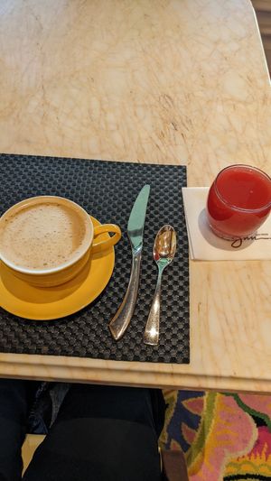 Latte with oat milk and fresh squeezed watermelon juice at Wynn Hotel - Terrace Pointe Cafe in Las Vegas