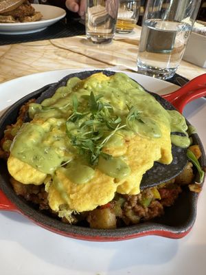 Huevos rancheros w/ Just Egg, chorizo, potatoes, avocado salsa & tostada. ALL vegan  at Wynn Hotel - Terrace Pointe Cafe in Las Vegas