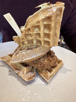 Chx & Waffle with side of syrup/spicy syrup  at Wynn Hotel - Terrace Pointe Cafe in Las Vegas