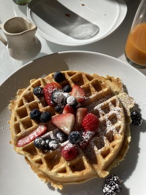 A Vegan Waffle with Maple Syrup and Berries  at Wynn Hotel - Terrace Pointe Cafe in Las Vegas