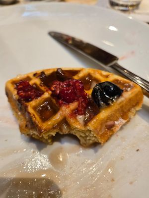 Last few bites of waffles with fruit at Wynn Hotel - Terrace Pointe Cafe in Las Vegas