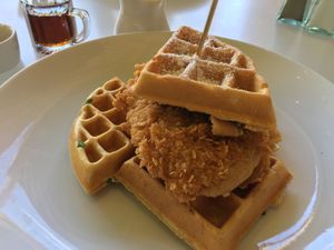 Vegan chik’n and waffles (pre syrup pour) at Wynn Hotel - Terrace Pointe Cafe in Las Vegas