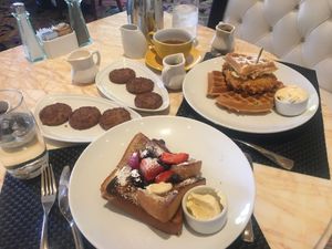 French toast, chikin’ and waffles, side sausages.  at Wynn Hotel - Terrace Pointe Cafe in Las Vegas