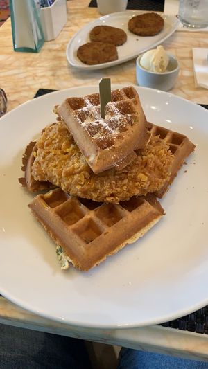 Chicken and waffles with vegan butter. Side of Gardein breakfast sausages!  at Wynn Hotel - Terrace Pointe Cafe in Las Vegas
