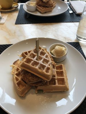 Vegan chicken and waffles  at Wynn Hotel - Terrace Pointe Cafe in Las Vegas