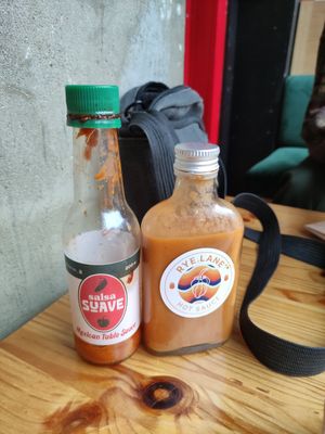 Local hot sauces at Rons Coffee House in South East London
