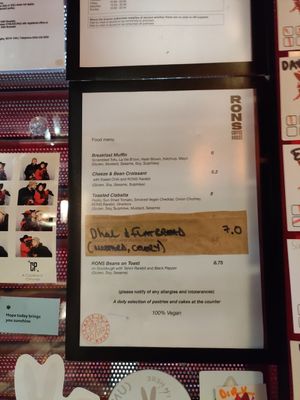 Menu at Rons Coffee House in South East London