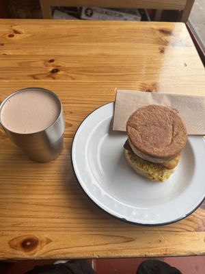 Hot chocolate and breakfast muffin   at Rons Coffee House in South East London