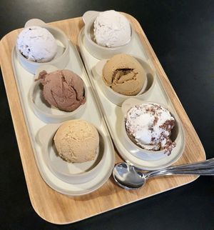 6 different kinds of icecream: coffee, gianduja, rice, mint, earl grey, vanilla at Coconuzm - 코코넛즘 in Seoul