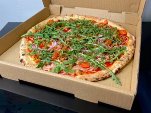 smoked eggplant pizza + Field Roast + arugula (takeout) at Humble Pie in Seattle