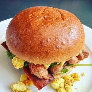 Vegan Sausage, Vegan Bacon & Scrambled Tofu Brioche Bap  at Jenny Koo's Kitchen in Dartmouth