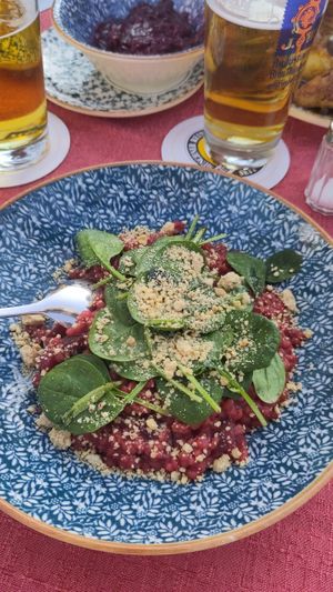 Risotto with red beetroot, spinach and Cashews at Königlicher Hirschgarten in Munich