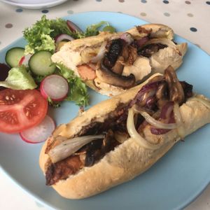 Vegan Sausages, Mushrooms and Onions  at New Orchard Cafe in Poole