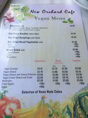 Vegan menu at New Orchard Cafe in Poole