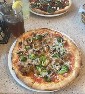 Personal Pizza with vegan cheese, eggplant, mushrooms, and broccoli   at Roman's Pizza House in Cape May