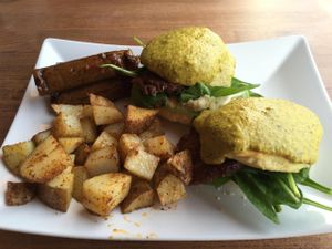 Vegan 'eggs' benedict with veggie sausage. at The Clever Rabbit in Edmonton