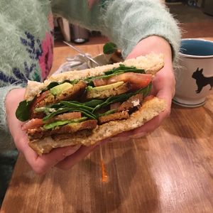 Even removing the bread in the middle, its still a huge sandwich  at The Clever Rabbit in Edmonton