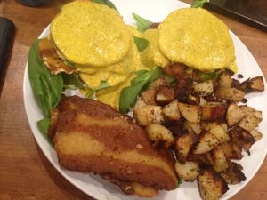 Vegan Benny with a side of bacon! 
My non vegan bf loves this and their 'bangers abd hash' menu options as his current faves!  at The Clever Rabbit in Edmonton