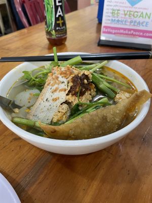 Noodle soup with spring rolls  at Khanh Ly Vegetarian Food in Phu Quoc