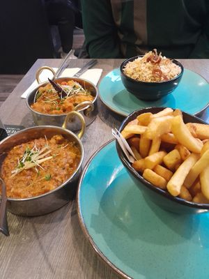 Vegan chicken (tofu) curry, pilau rice and chips at Soho Tavern in Kibblesworth