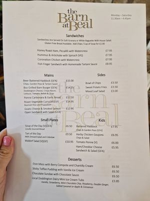 Menu at Barn at Beal in Berwick-upon-tweed