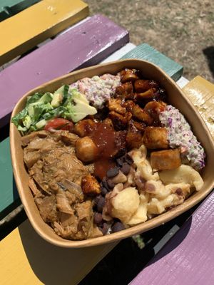 Mixed bowl with rice, tofu, Mac and cheese, coleslaw, salad, jackfruit etc   at Mamas Ktchn in East London