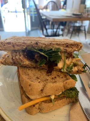 Sweet potato, pakora & Bombay mix sandwich   at Fussey & Baer in Hitchin