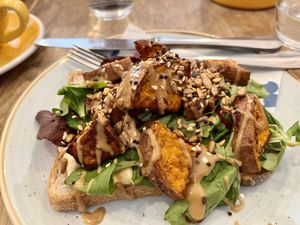 Sweet potato and tahini open sandwich   at Fussey & Baer in Hitchin